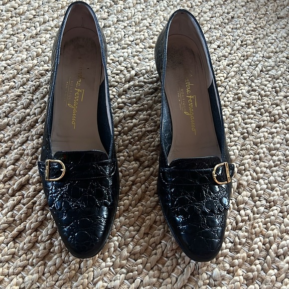 Salvatore Ferragamo Shoes - Salvatore Ferragamo Sz 9 A3 Black Crocodile Embossed Leather Loafers
